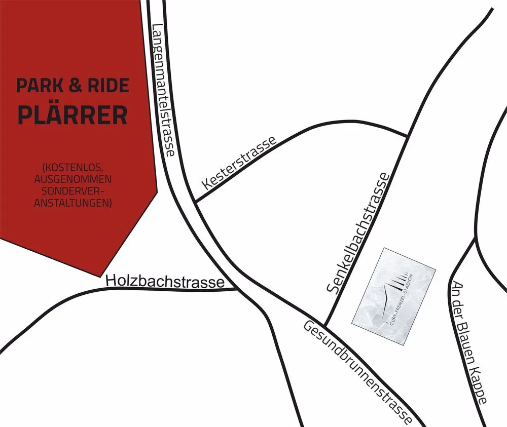 Zeigt eine abstrakte Karte mit der Infos, dass Parken auf dem Plärrergelände, nebem dem CFS, möglich ist.