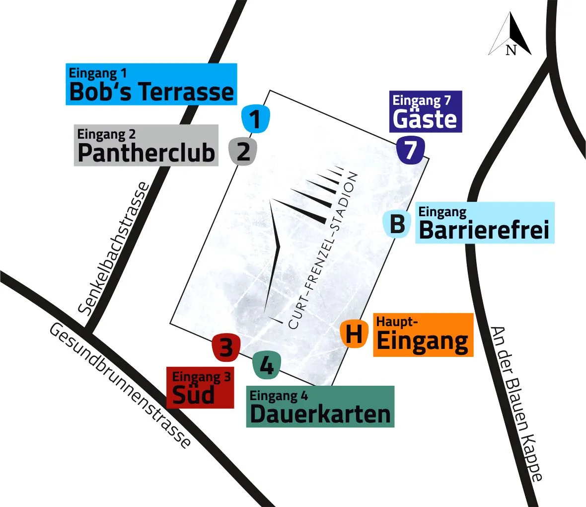 Zeigt in einer abstrakten Grafik die Draufsicht vom CFS mit den Eingängen rundherum markiert.
