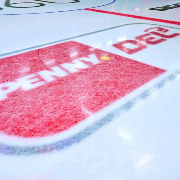 Das Logo der Deutschen Eishockey Liga auf dem Eis des Curt-Frenzel-Stadions.